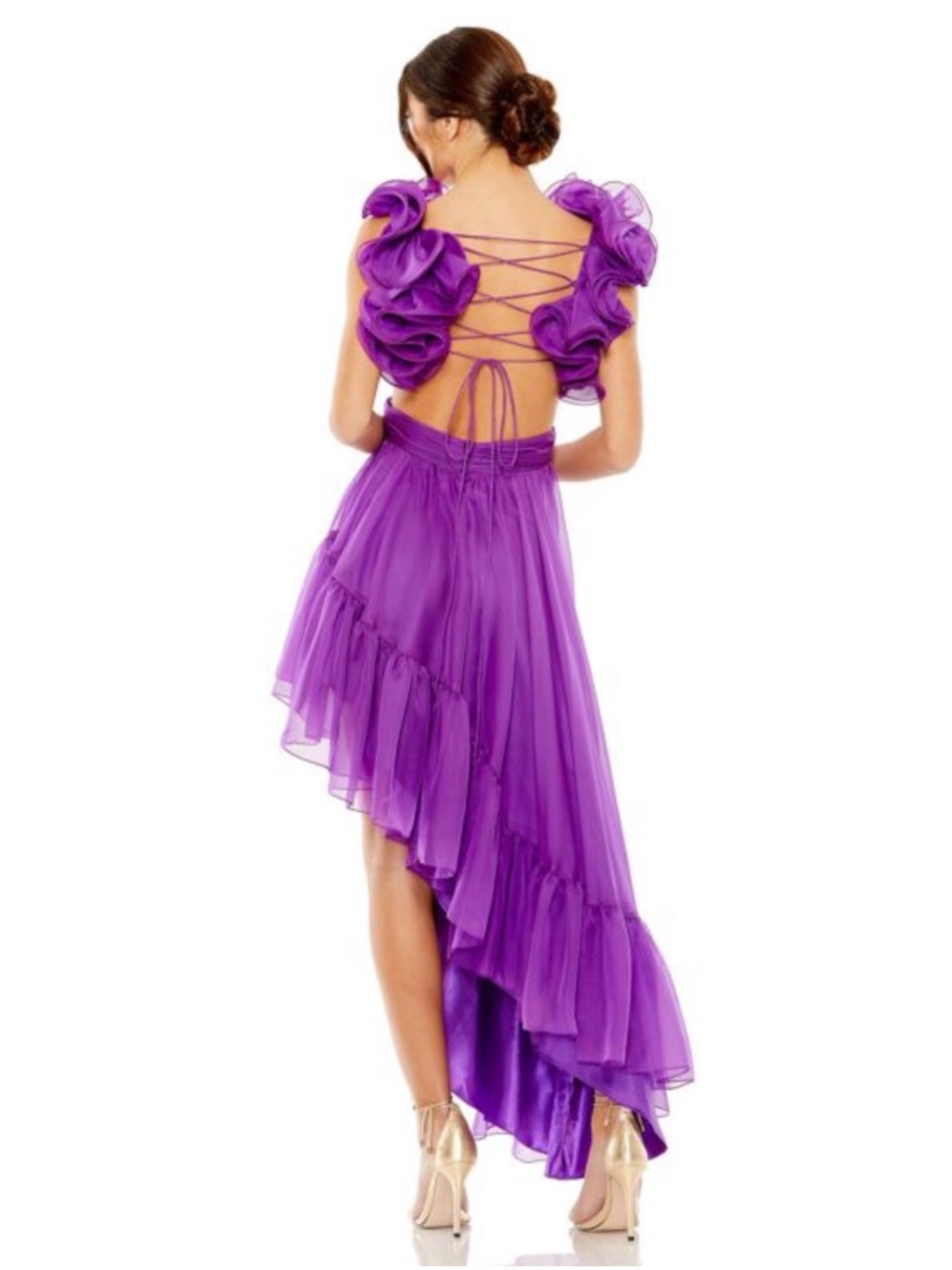 Mac Duggal Vibrant Purple High-Low Ruffle Evening Dress - Picture 2 of 4